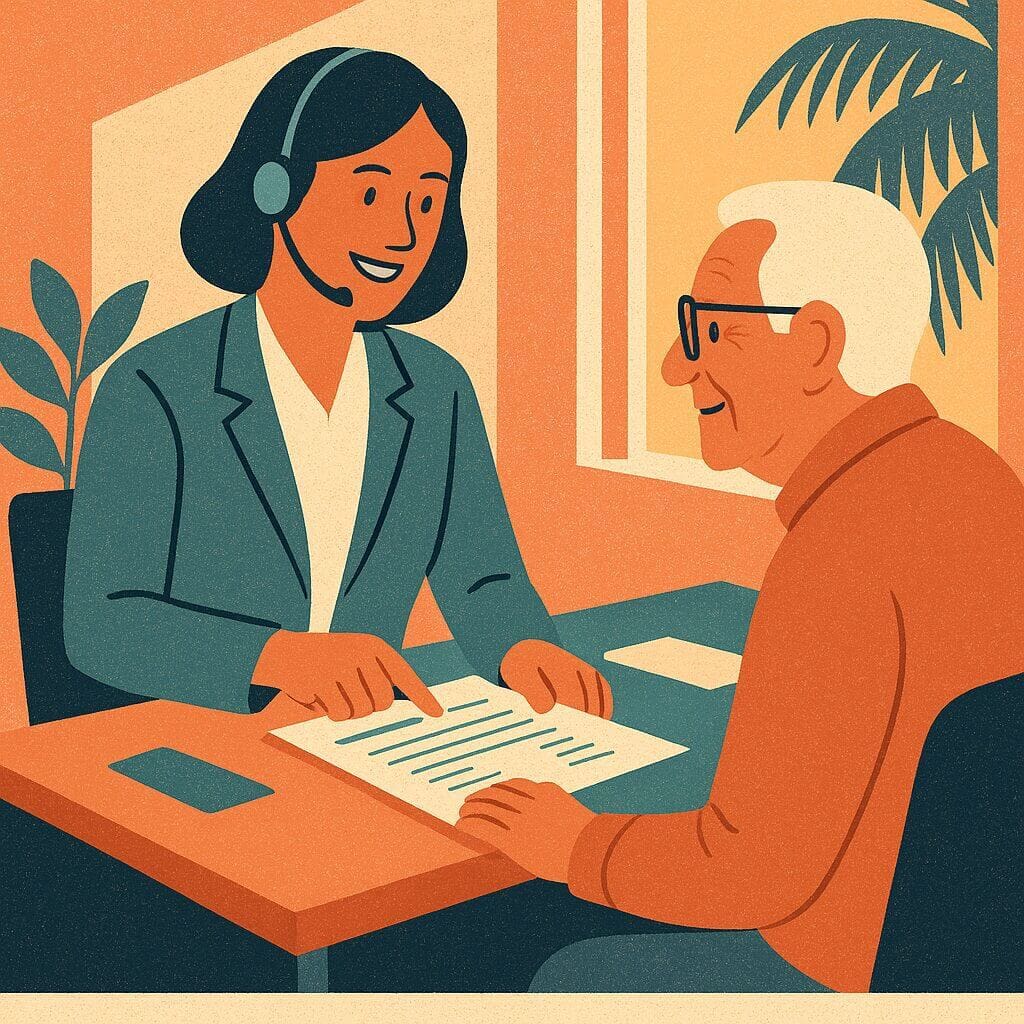 A young woman assisting an elderly man with paperwork at a desk.