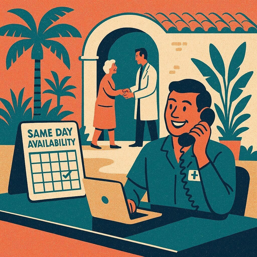 Receptionist scheduling same-day anniversary appointments with a smile.