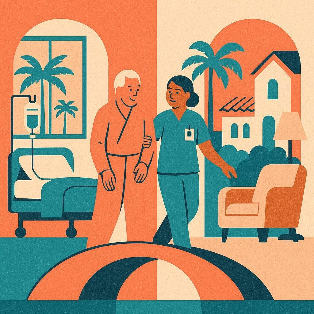 A doctor and nurse walking together in a cozy room with plants and a fireplace.