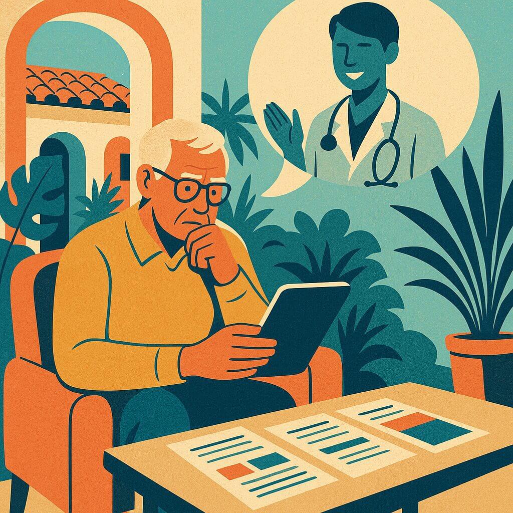 Doctor consulting an elderly man using a tablet in a cozy room.