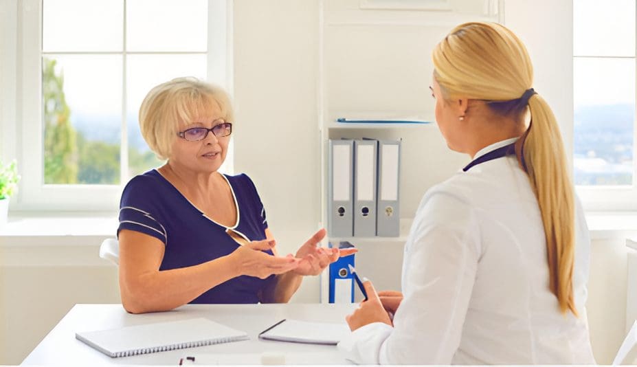 Senior woman consulting doctor in medical office.