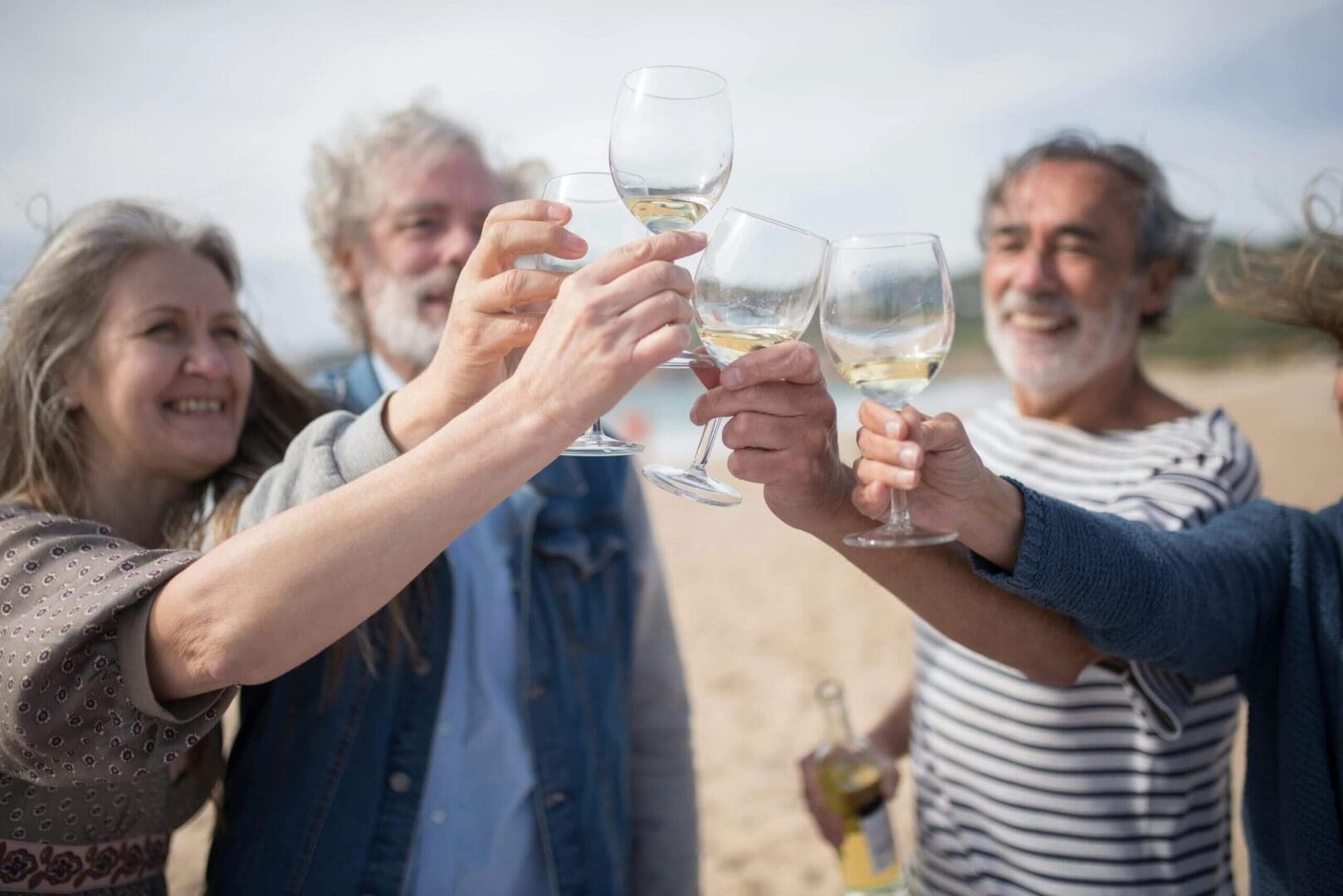 Group of friends toasting with wine glasses at the beach.